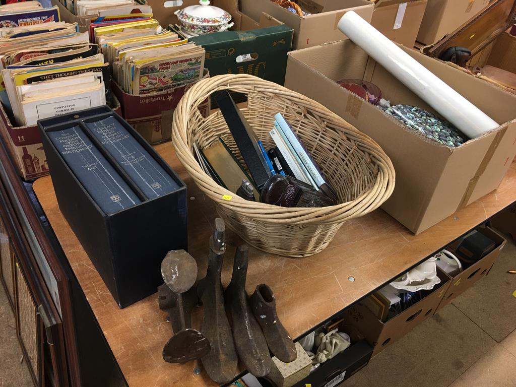 Box of assorted, basket and contents, a last etc.