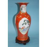 Chinese vase, decorated with enamelled panels, on a hardwood stand 47 cm Height