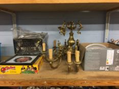 A shelf of assorted to include Prinz Magnon Duo projector, brass hanging light fitting etc.