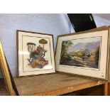 A shelf of framed prints and pictures, needlework etc.