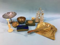 Box containing brassware, concentric carved ball, cruet set etc.