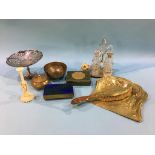 Box containing brassware, concentric carved ball, cruet set etc.