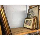 Two shelves of framed pictures and prints, two large maps of local areas