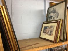 Two shelves of framed pictures and prints, two large maps of local areas