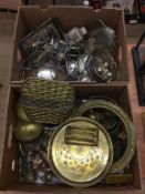 Two boxes of brassware and silver plate