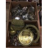 Two boxes of brassware and silver plate