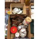 Two boxes of assorted including china, a doll etc.