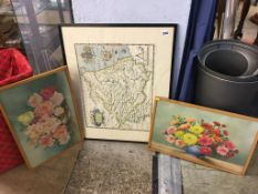 Framed Saxtons map of Durham 1576, two watercolours, still life, signed L. Petherick 1948 and 1950