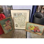 Framed Saxtons map of Durham 1576, two watercolours, still life, signed L. Petherick 1948 and 1950