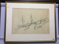 Wilson, pen and ink, signed, dated **60, 'Sailing barge at the Quayside', 39x57cm