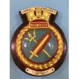 A ships crest wall plaque, 'HMS Relentless', presented to Sunderland club, June 1954