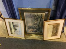 Three framed prints, watercolour etc.