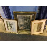 Three framed prints, watercolour etc.