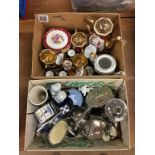 Two boxes including a plated tea set etc.