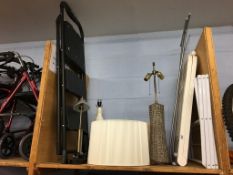 A shelf of assorted to include steps, lamp, shade etc.
