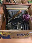 One box of assorted to include wooden truncheon, tankards etc.