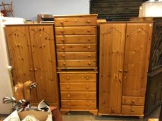 Two pine wardrobes and two pine chest of drawers