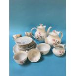 A Royal Doulton Pillar Rose tea set, six cups, six saucers, six smaller plates, one sugar bowl,