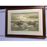 Thomas Wilkinson, watercolour, signed, dated 1974, 'Tug boats entering the harbour', 34 x 52cm