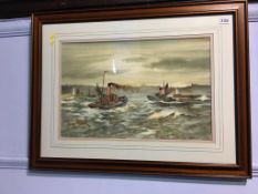 Thomas Wilkinson, watercolour, signed, dated 1974, 'Tug boats entering the harbour', 34 x 52cm