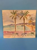 In the manner of Raoul Dufy Continental riviera watercolour scene, unframed