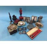 Tray of assorted including a silver pocket watch, a musical Mounty etc.