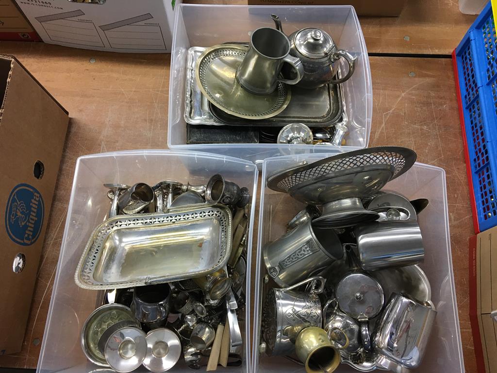 Three boxes of assorted silver plate etc.