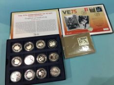 An Edward VII and George V stamp silver ingot, a VE75, silver proof 50 pence and twelve various