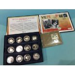 An Edward VII and George V stamp silver ingot, a VE75, silver proof 50 pence and twelve various