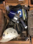 Two leather satchels, hard hat etc.