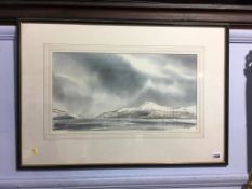 R.J. Rowell, watercolour, signed, dated 1997, 'Steely Sky Loch Ness', 26 x 49cm