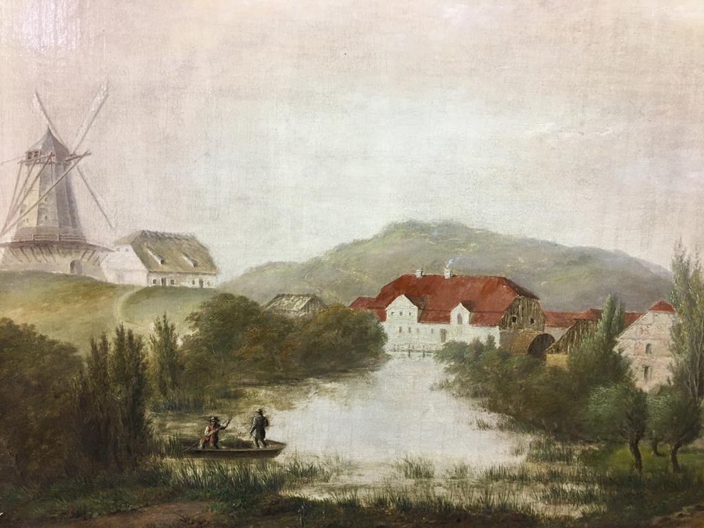 Continental school, oil on canvas, unsigned, 'Watermill with windmill in the distance', 58 x 89cm - Image 2 of 2