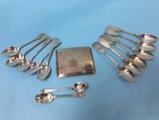 Various silver spoons, cigarette case etc.