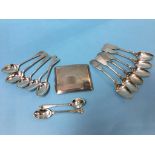 Various silver spoons, cigarette case etc.