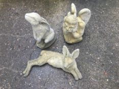 Garden Statuary: Two Hares and a Gargoyle