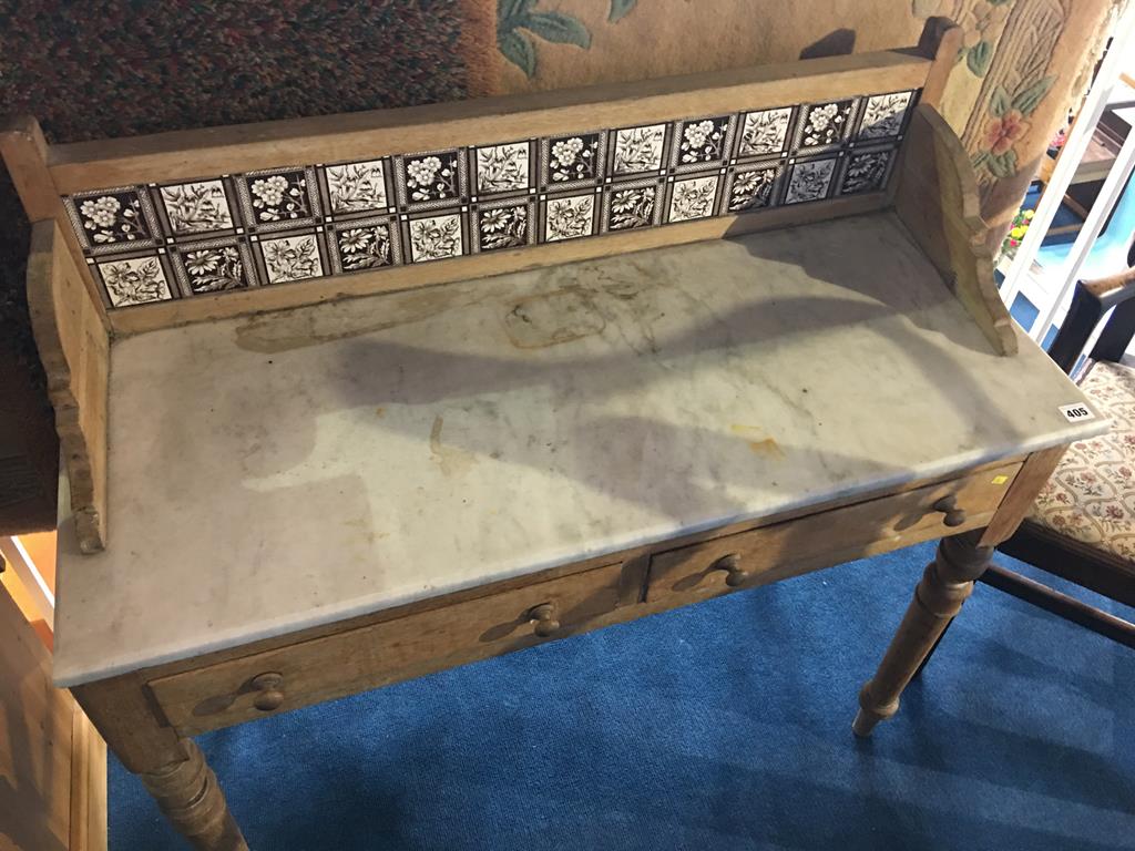 A marble and tiled back pine washstand, 101cm wide