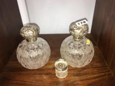 Two hob nail cut silver top scent bottles etc.