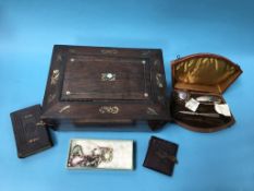 A sewing box and contents, part silver vanity set etc.