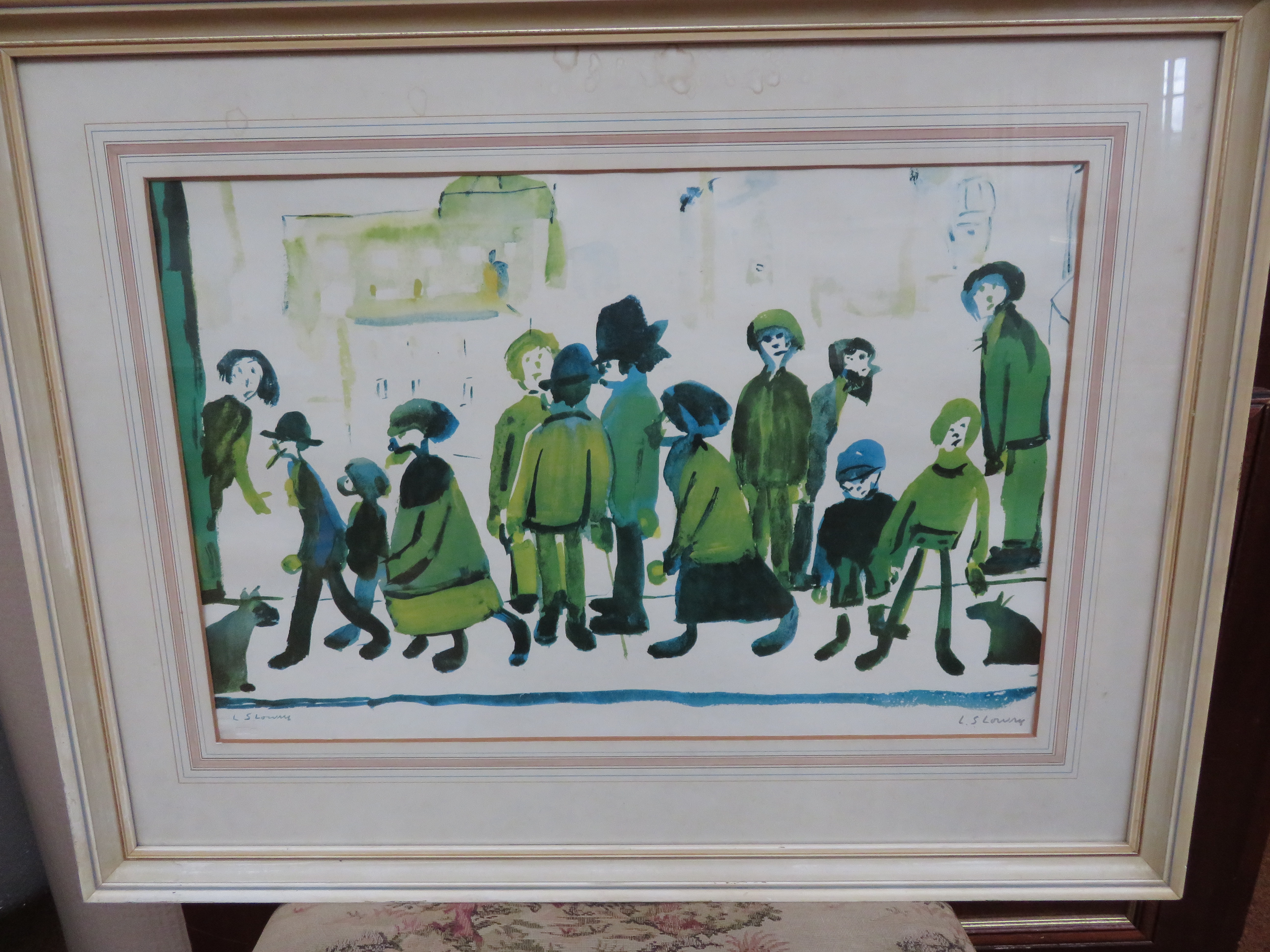 L.S Lowry signed lower right with blind stamp, Titled people standing about,faded colours 52 cm x 67 - Image 4 of 4