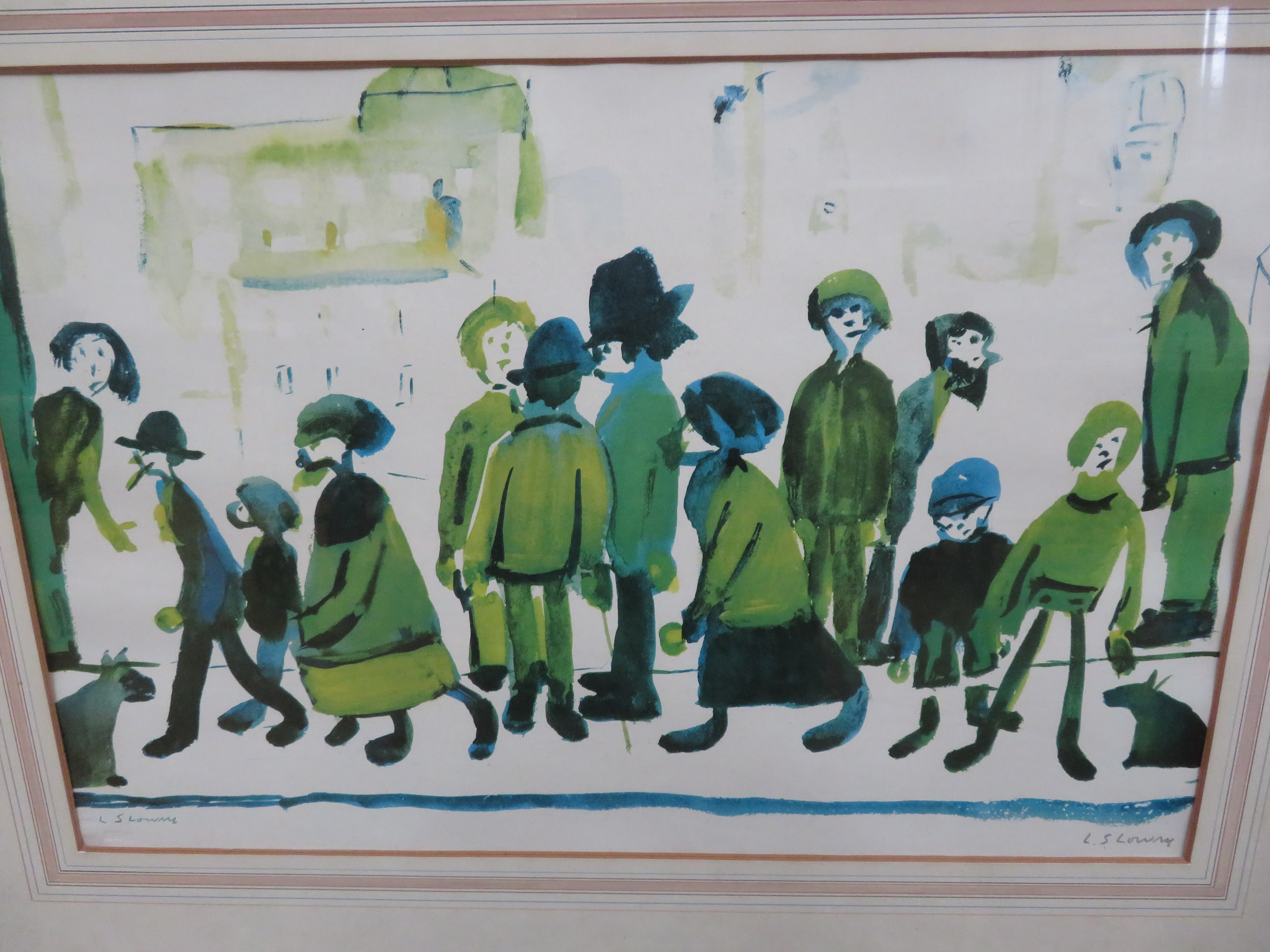 L.S Lowry signed lower right with blind stamp, Titled people standing about,faded colours 52 cm x 67