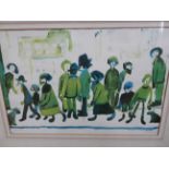 L.S Lowry signed lower right with blind stamp, Titled people standing about,faded colours 52 cm x 67
