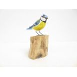 Wooden hand painted blue tit