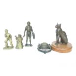 Bronzed cat together with 3 brass figures & brass