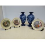 Pair of flow blue vases together with 3 Wedgwood p