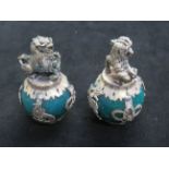 Oriental White metal & jade foo-dogs