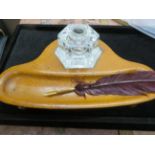 Wooden inkwell & quill, glass inkwell a/f to rim