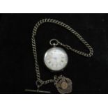 Victorian fob watch with silver chain, T-bar, dog