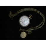 Silver cased pocket watch with chain, T-Bar & pend