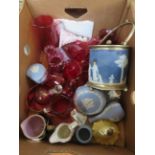 Box of Victorian cranberry glass, Wedgwood biscuit