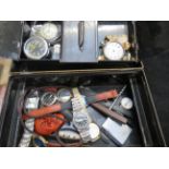 Safe box with pocket watch, wristwatch & other con